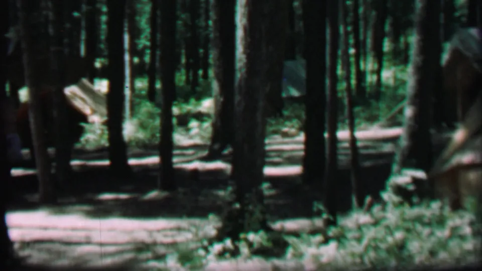 1967 8mm home-movie frame from Farragut State Park showing canvas tents arranged among dense pine trunks and undergrowth.