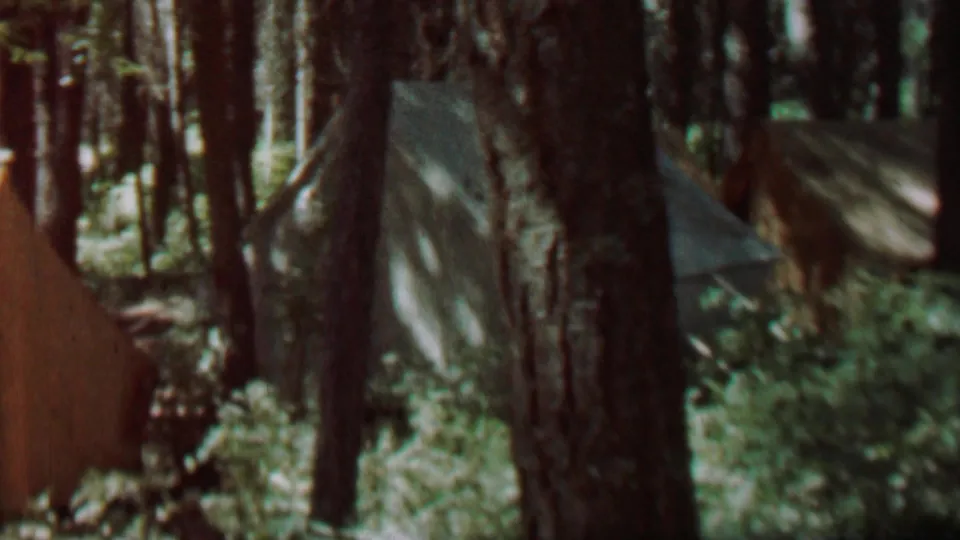 1967 8mm frame showing canvas tents receding through a shaded pine forest campsite at Farragut State Park.