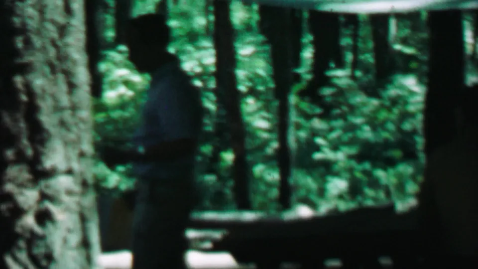 1967 Farragut State Park frame with a person in a light shirt standing beside a large tree trunk amid shaded forest growth.