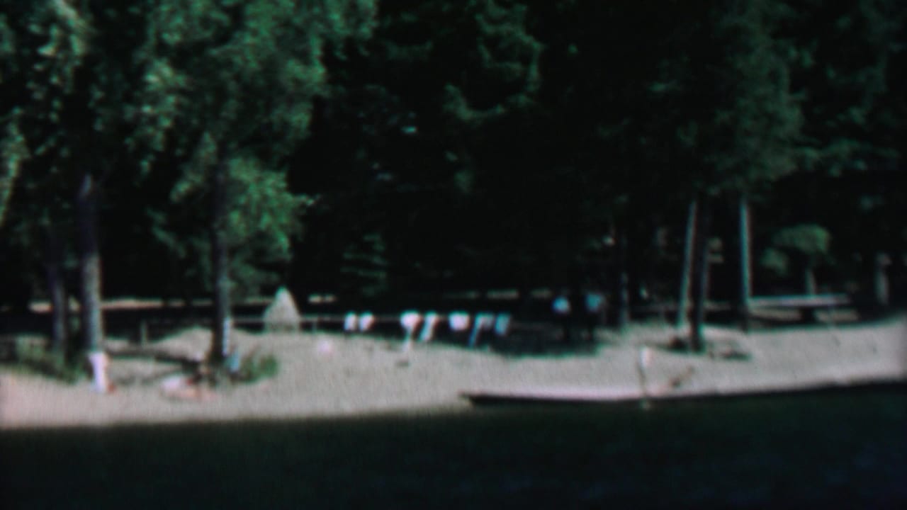 Tree-lined beach with flags and a low shoreline platform beside the lake.
