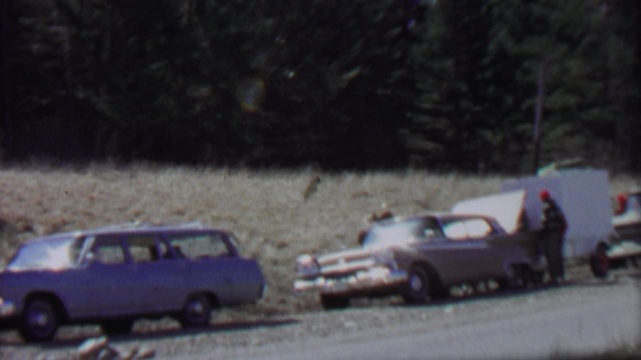 Two parked cars, a white trailer or raised panel, and people standing near the roadside.