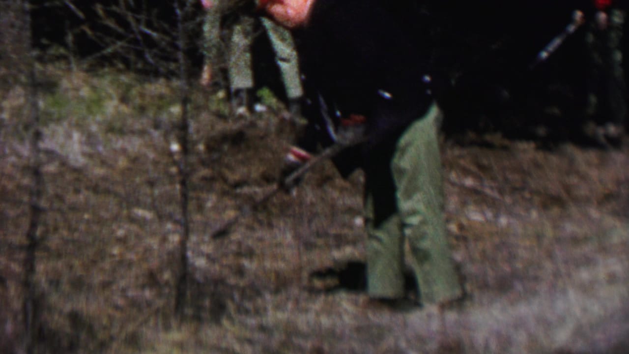 Man stands among bare saplings while holding a tool near the forest floor.