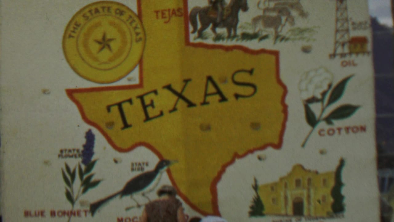 Texas poster with state map, seal, oil derrick, cotton, and landmark drawings.