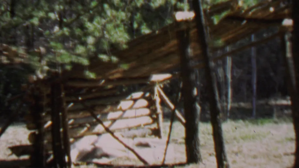1967 Farragut State Park home-movie frame showing the log lean-to from a similar angle, with bright sunlight on the wall and trees behind it.