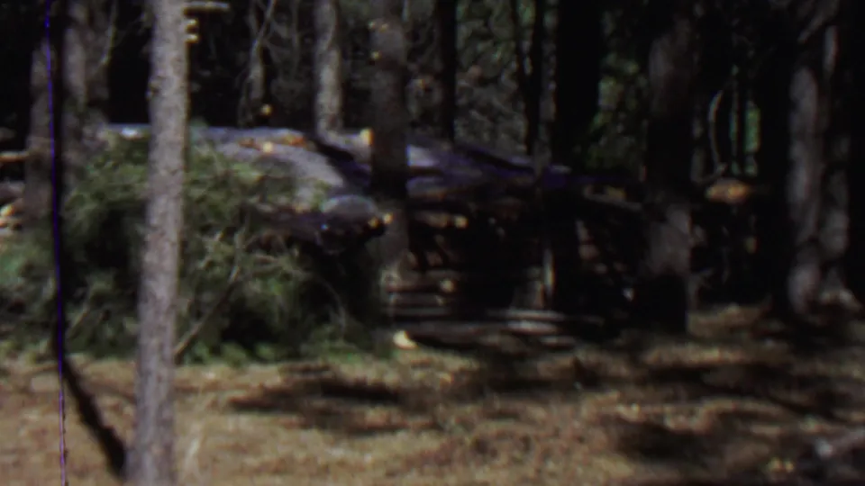 1967 Farragut State Park frame showing a rustic wooden cabin or shelter set among trees, with shaded earth, undergrowth, and a dark recessed opening.