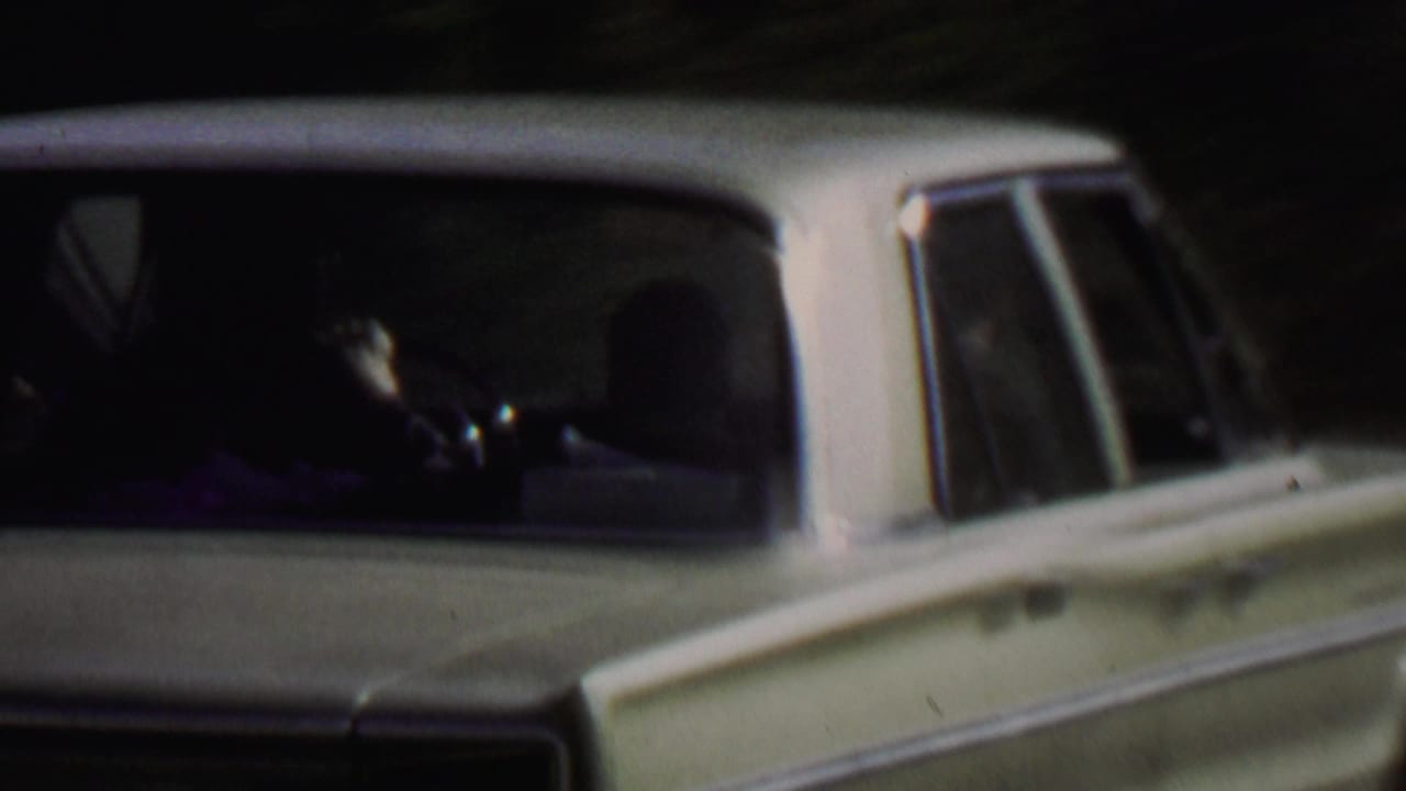 White sedan seen close from the side on a dark wooded road.