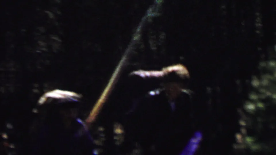 Two people appear as dark silhouettes in the wooded park area, one with an arm extended, near a sun-dappled forest road in the 1967 home-movie footage.
