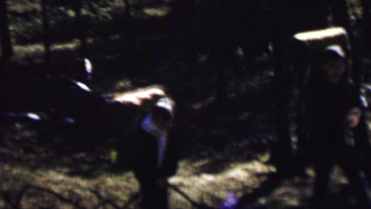 Backpacker with a large pack moving through trees in low light.
