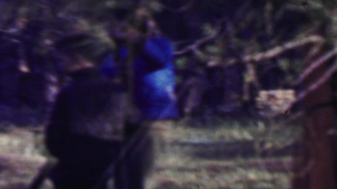 Two men stand close together among trees at a campsite.