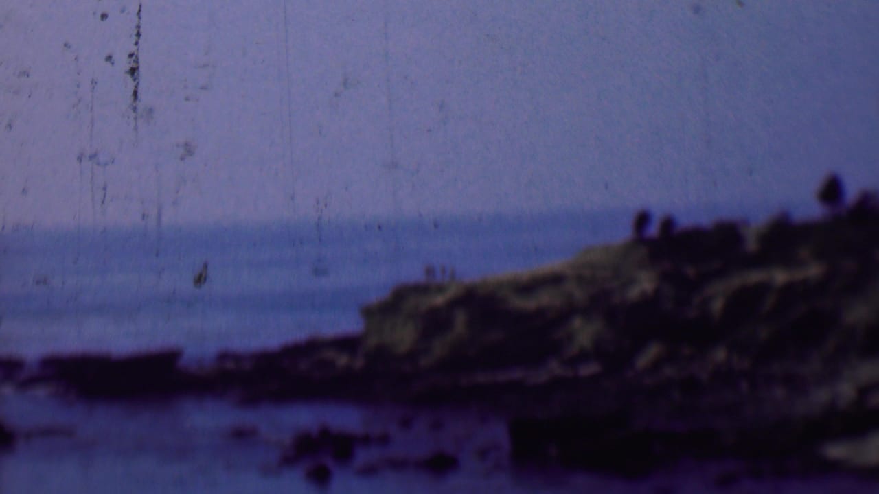 1961 San Diego-area 8mm frame showing a hazy ocean view, dark rocks, and distant visitors silhouetted along a grassy coastal bluff.