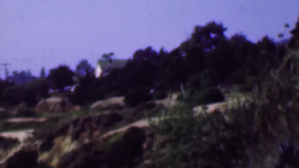 The camera pan continues across a San Diego hillside, with a light-colored house glimpsed behind dense trees and scrubby rocky terrain in the foreground.