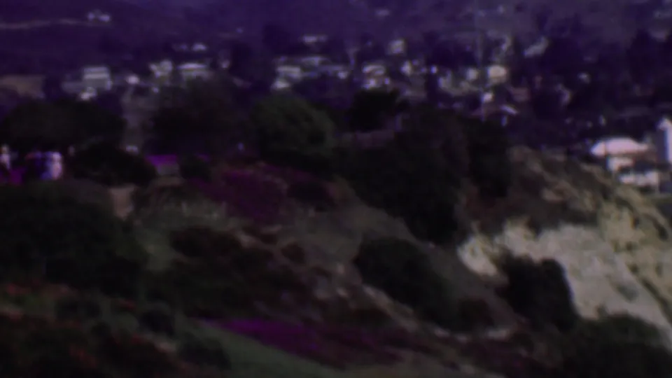 1961 San Diego home-movie frame looking across a landscaped hillside with purple flowers, shrubs, exposed pale slopes, and distant residential buildings.