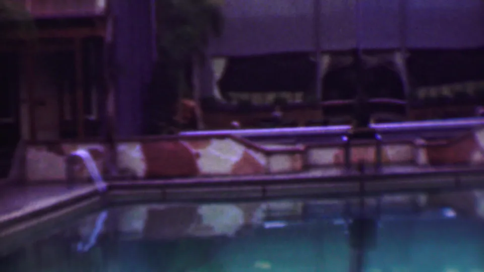 The final frame shows the pool surface and surrounding deck in the same 1961 San Diego hotel setting, with lounge chairs, a pool ladder, palms, and building details visible.