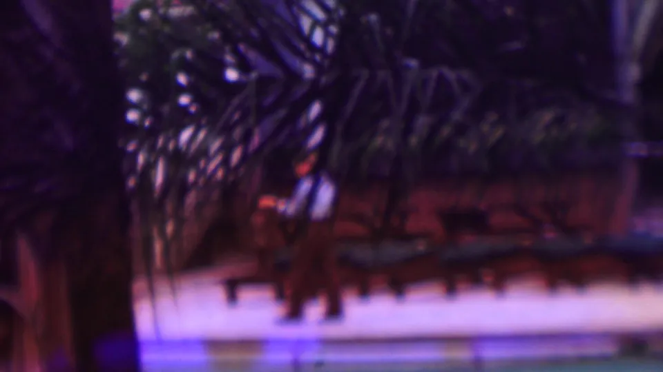 The poolside view continues as the man walks past lounge chairs and plants, with water in the foreground and brick or patio structures in the background.