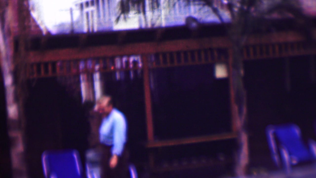 Adult man walks past a palm trunk with blue deck chairs in the foreground.