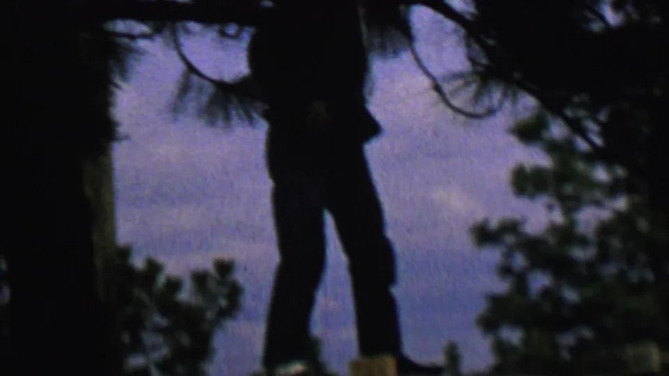 1962 8mm home-movie frame showing an unidentified person in silhouette outdoors, partly framed by tree trunks and branches against a purple-blue dusk sky.