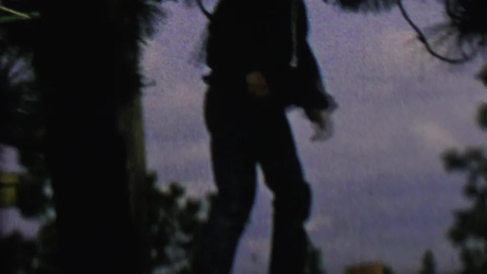 A dark silhouetted person stands or balances on a wooden fence outdoors in metadata-supported 1962 St. Paul, Minnesota, framed by trees and a low-light sky.
