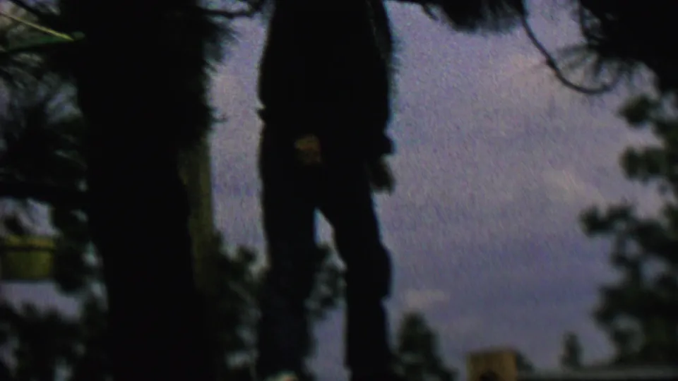 The 1962 St. Paul home-movie frame shows an unidentified silhouetted person near a tree trunk, positioned above a wooden fence against a grainy purple-blue sky.