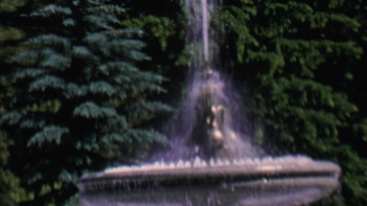1962 home-movie frame from St. Paul, Minnesota, showing a stone fountain with water rising against a backdrop of dark evergreen trees.