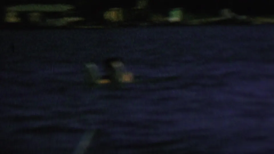 The skier appears blurred by motion and distance while crossing the lake, with dark water and a tree-lined shore forming the background.