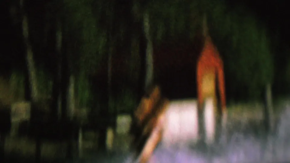 1962 home-movie frame from the United States showing a distant water skier on a lake near trees and indistinct shoreline structures.