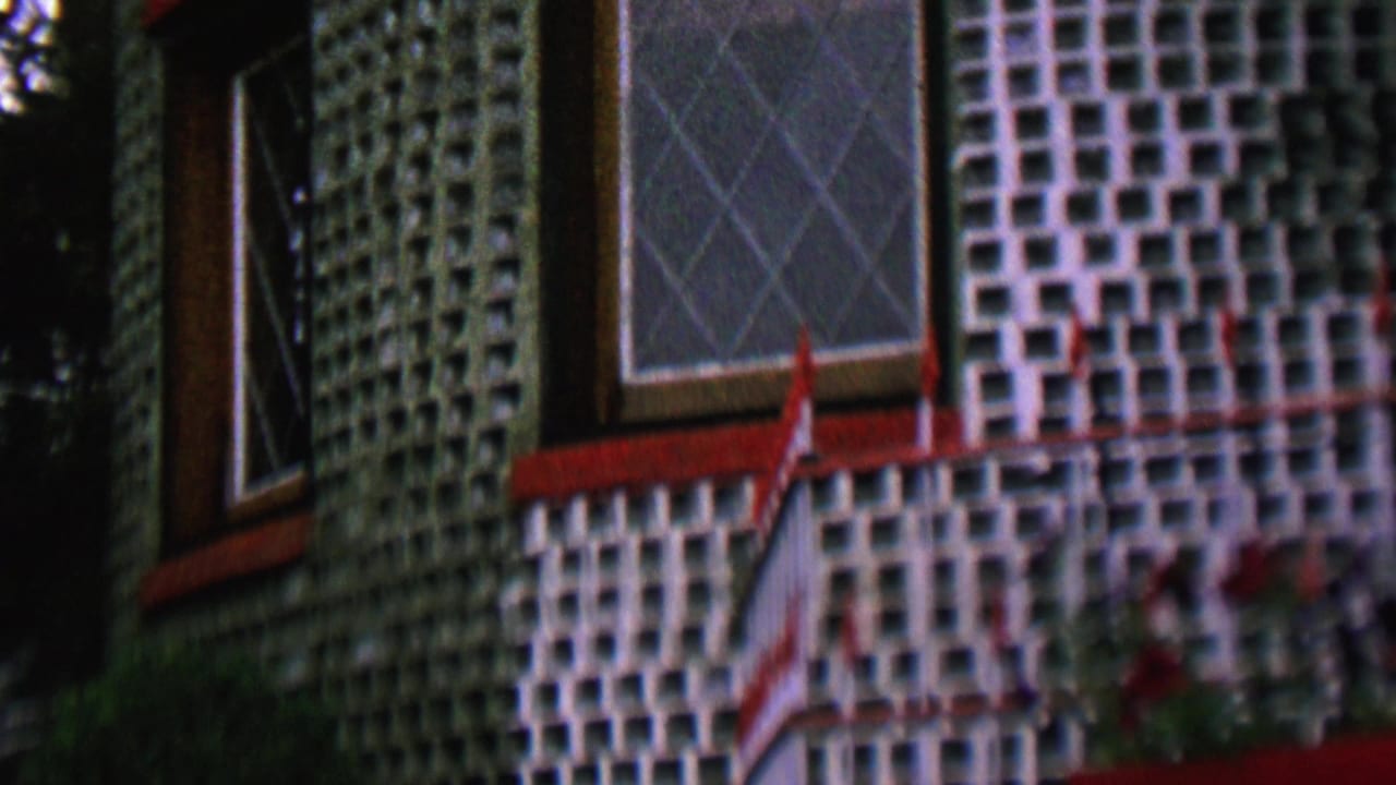 1962 St Paul exterior detail showing a green and white grid-pattern facade, diamond-paned windows, red trim, and dark foliage at the edge of frame.