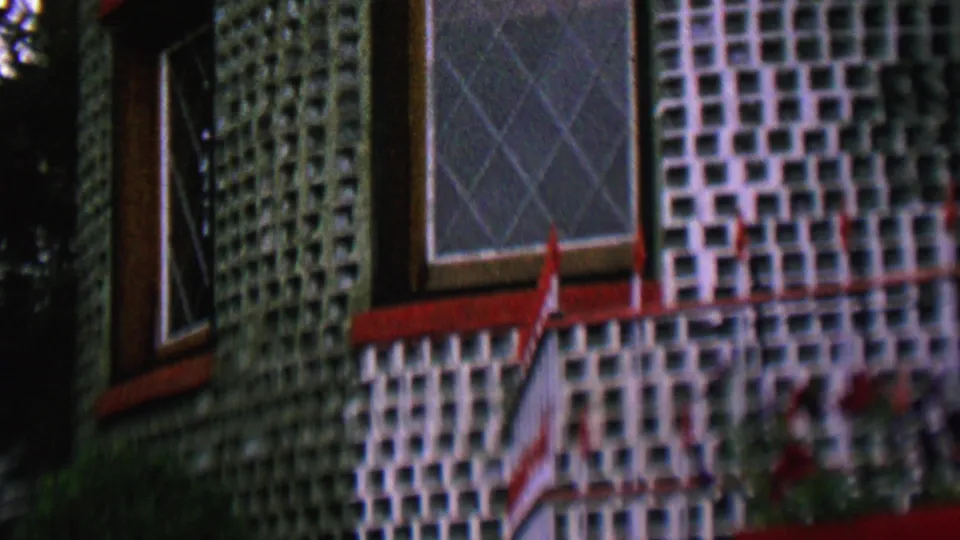 1962 St Paul exterior detail showing a green and white grid-pattern facade, diamond-paned windows, red trim, and dark foliage at the edge of frame.