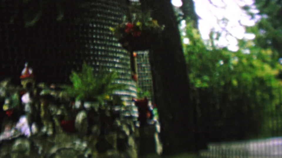 Soft 1962 8mm frame from St. Paul showing the camera panning across a garden setting, with a tree trunk, bottle-textured wall, hanging planter, figurines, and background greenery.