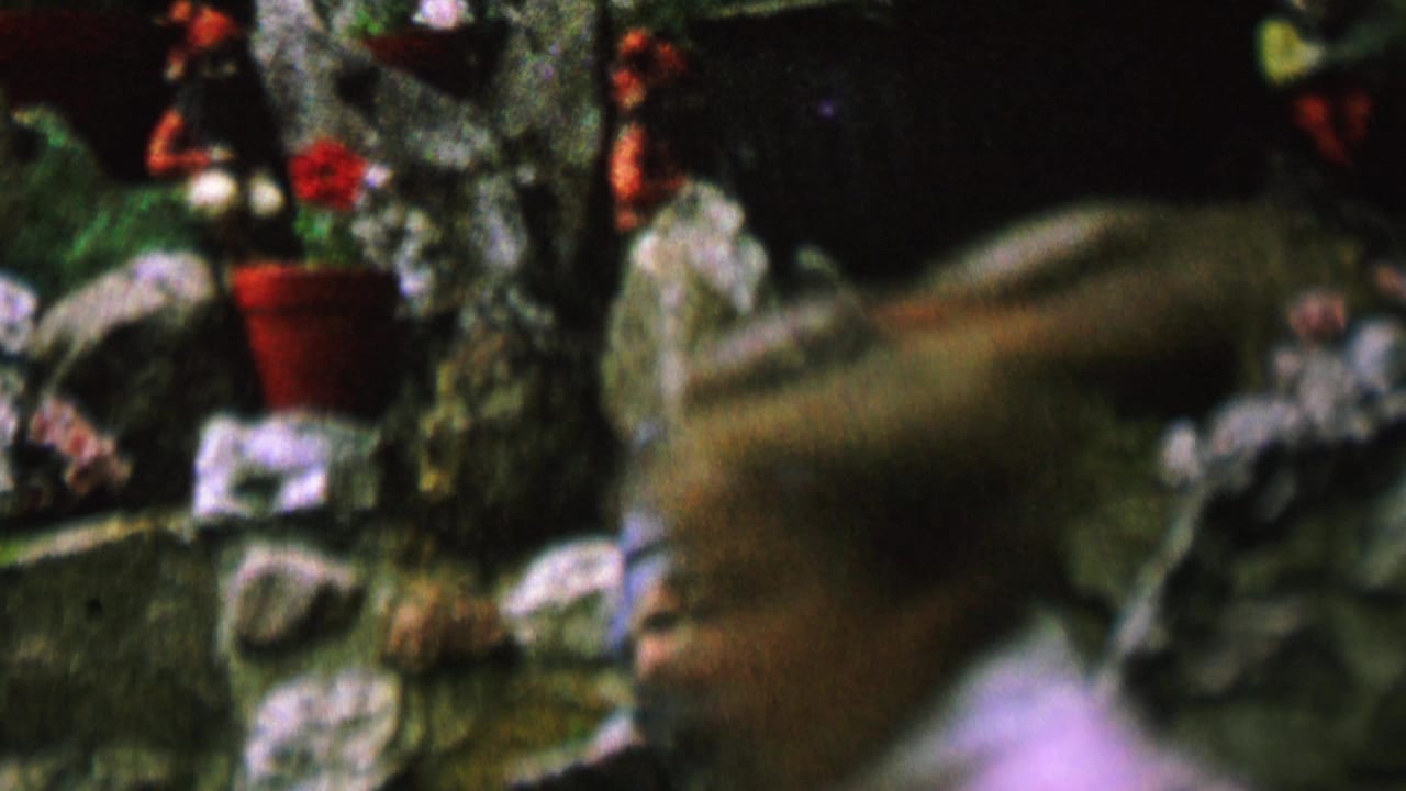 1962 8mm home-movie frame from St. Paul showing a whimsical indoor garden display with rocks, red pots, greenery, and gnome-like figures.