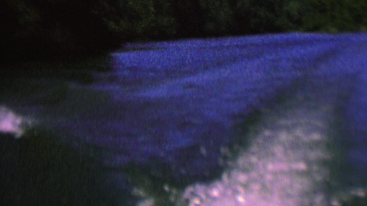 1962 8mm home-movie frame from metadata showing dark lake water in St. Paul, Minnesota, with blue-purple reflections, a pale wake, and silhouetted shoreline trees.