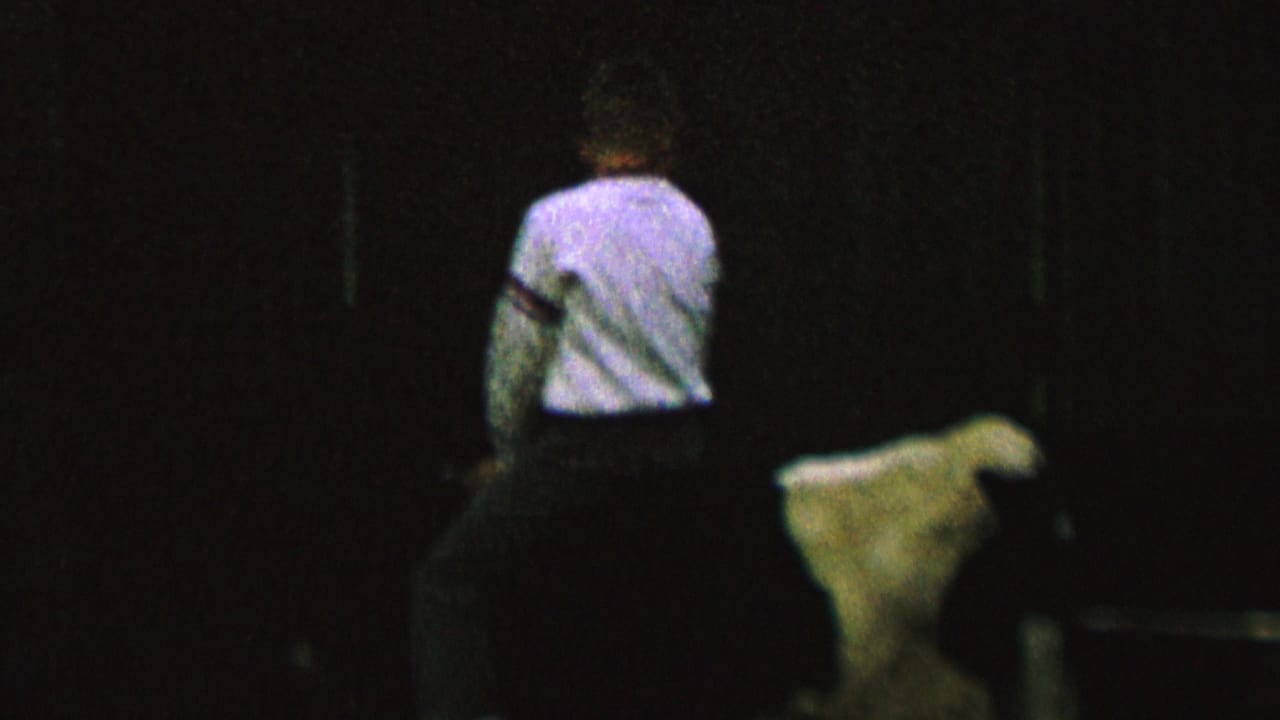 Rider viewed from behind on a cow, with most of the scene in darkness.
