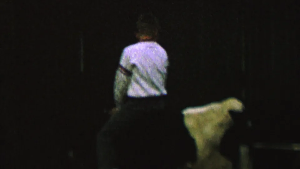 The rider remains seated on the cow in a very dark 1962 8mm frame, with only the pale shirt and the animal's light body clearly catching the available light.