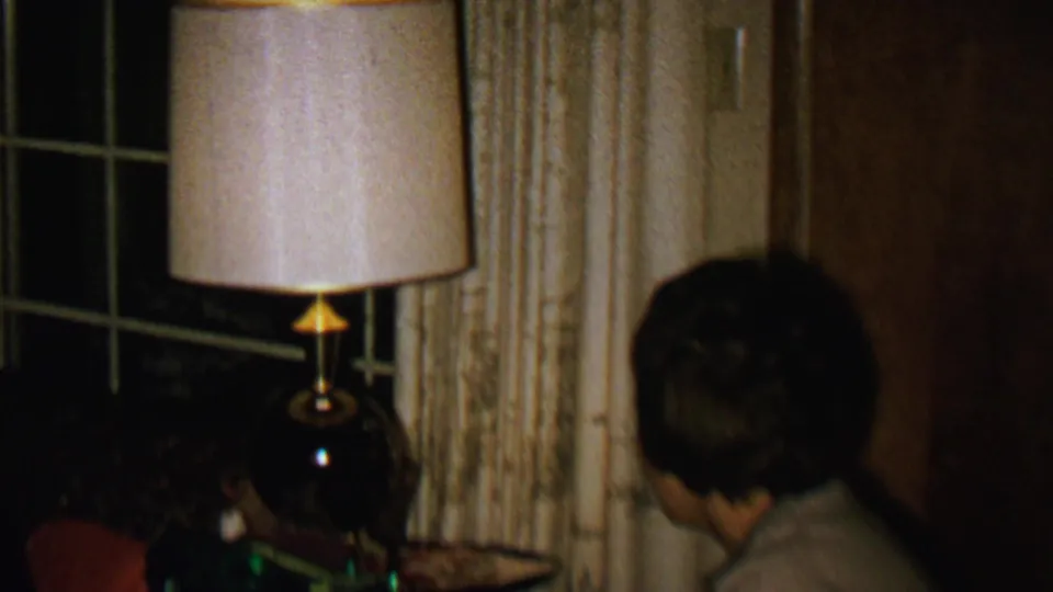 A low-light home-movie frame shows the short-haired woman leaning forward near the lamp and curtained nighttime window, with only partial facial detail visible.