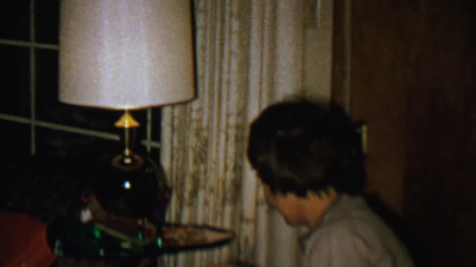 The final frame holds on the woman near the beige-shaded lamp and cream curtains, with the nighttime window and wood-paneled interior still visible.