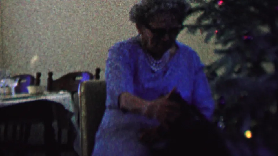 A seated elderly woman in a blue dress appears to pet or steady a dark dog in front of her while a decorated Christmas tree and dining furniture remain visible in the holiday interior.