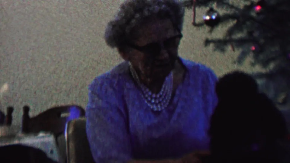 In the final frame, the elderly woman leans toward the dark dog at the edge of the frame, with the decorated Christmas tree and dining table still visible in the dim interior.