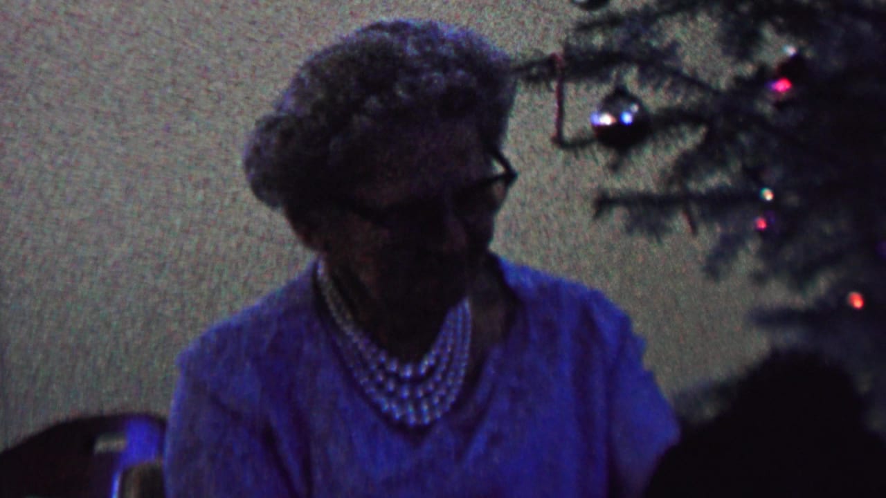 Elderly woman seated near Christmas ornaments and tree branches.