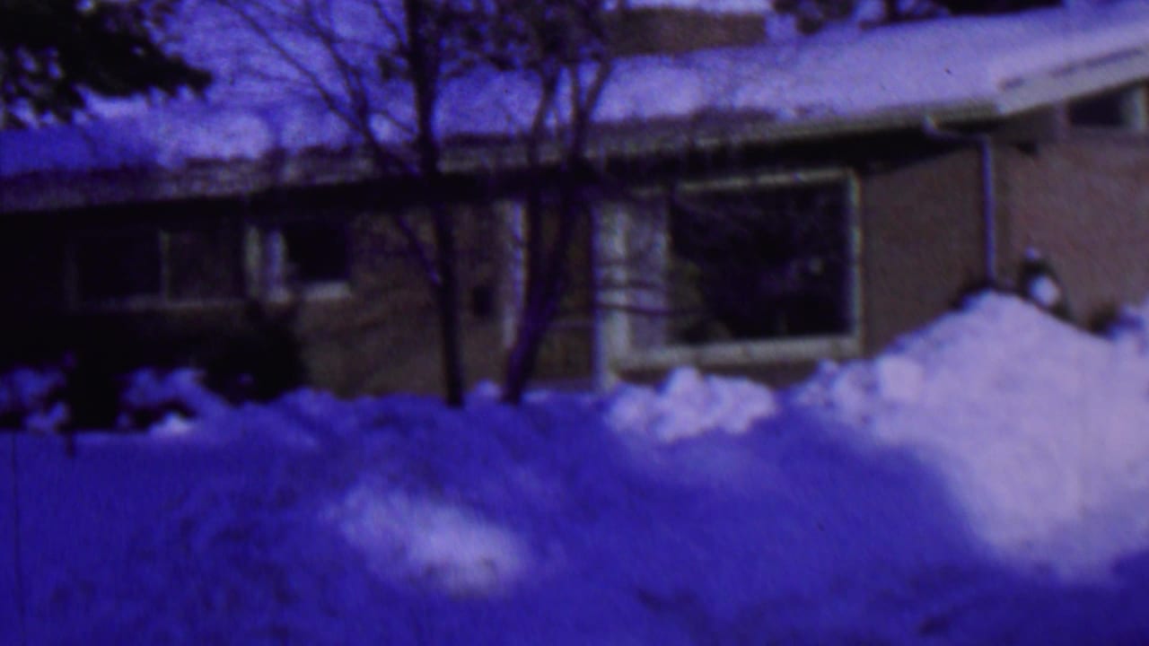 Snowbank and shaded house exterior with front windows and trees.