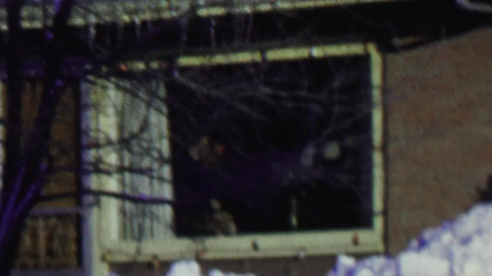 The camera frames house windows, bare winter branches, and piled snow in a grainy 8mm residential yard view from St. Paul metadata.