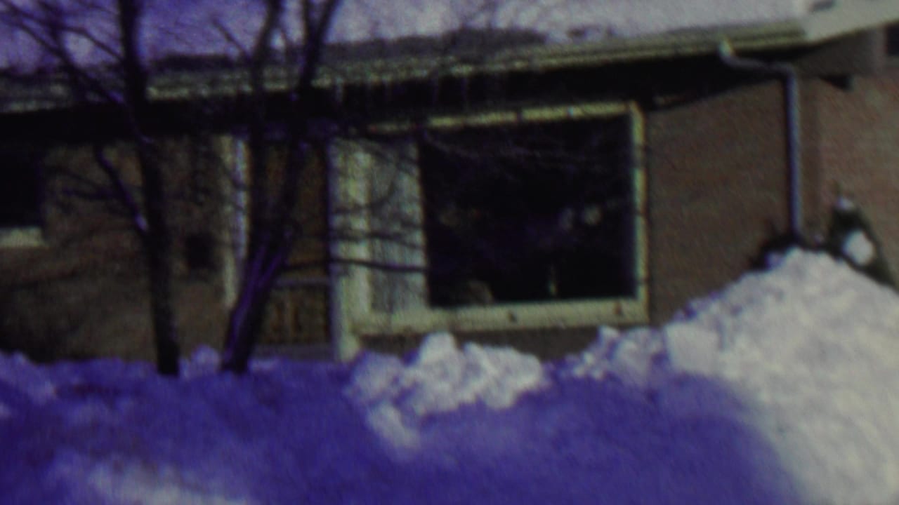 Snow piles in front of a single-story brick house with bare trees and a large dark window.