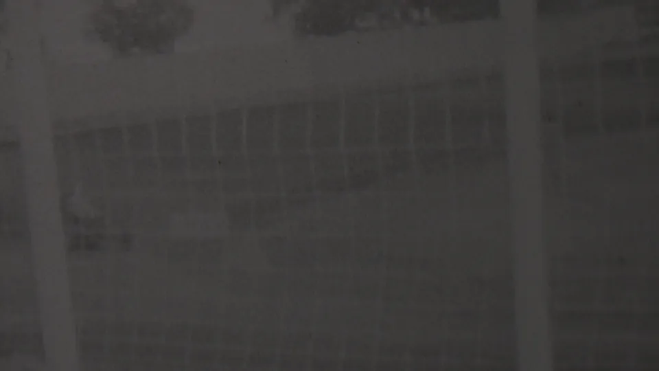 Soft 1937 Trenton home-movie frame showing a faint outdoor track area with trees, a low structure or fence line, and heavy film grain.