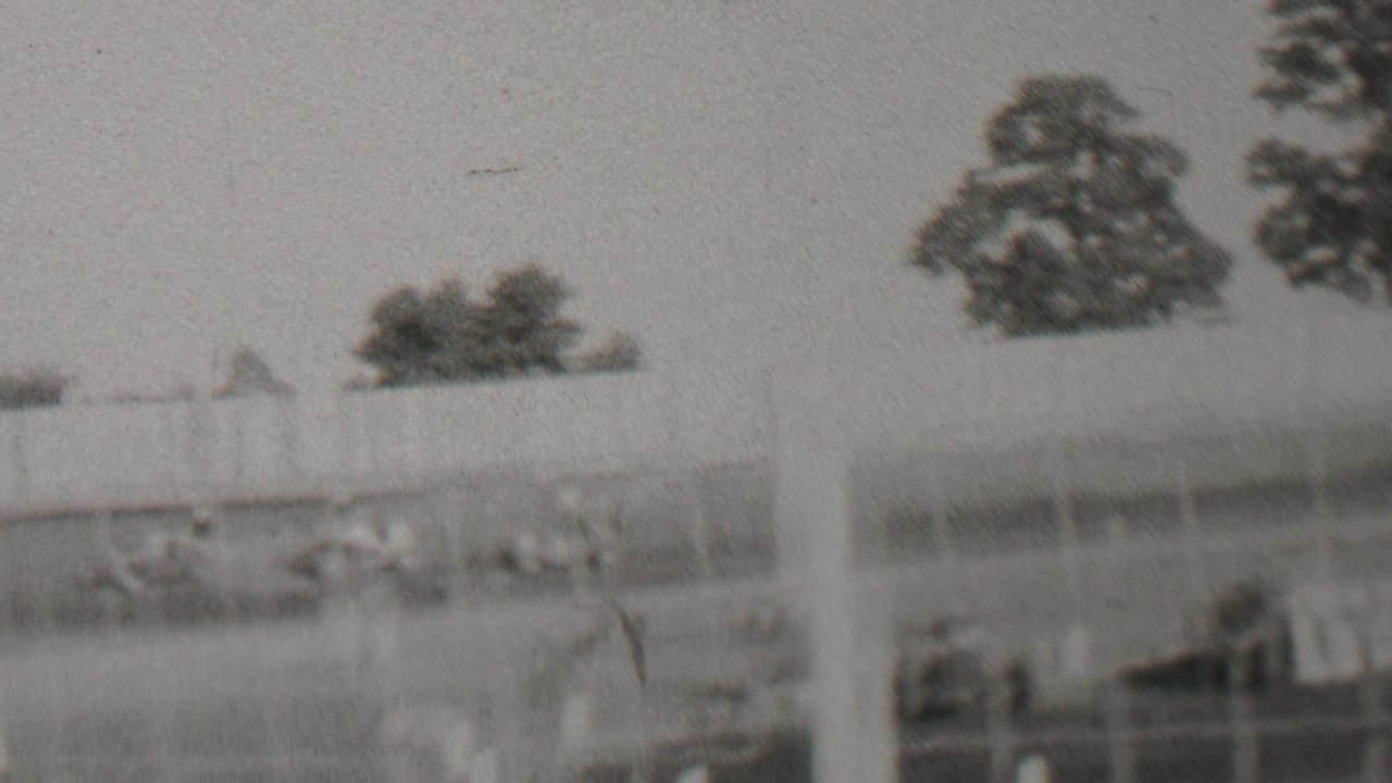 Several cars travel across the track with spectators and fencing in the foreground.