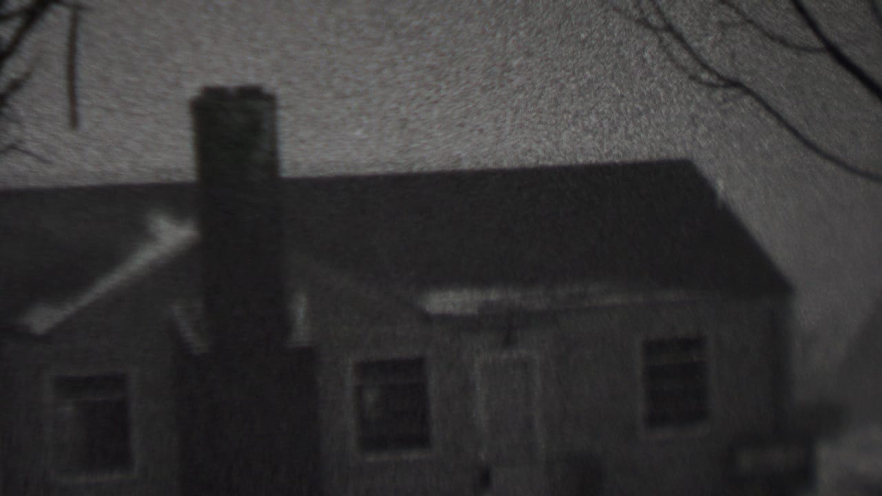 Snowy house exterior with bare branches above the roof.