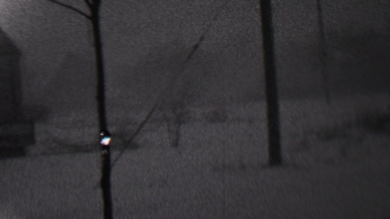 Grainy black-and-white 1937 Trenton home-movie frame showing a dark snowy yard, bare trees, and indistinct residential structures beyond.