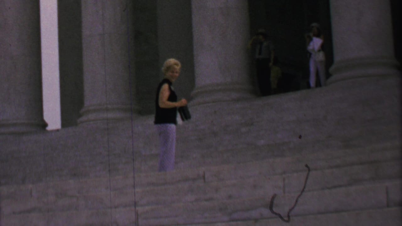 Woman with a camera standing on broad stone steps near large columns.