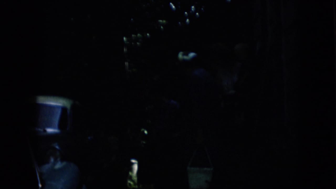Pennsylvania 1957 home-movie frame showing part of a light-colored automobile in heavy shade, with a hanging white bucket and faint yard detail nearby.