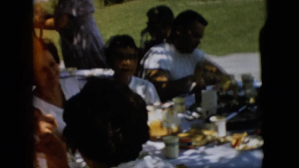 The home-movie frame shows adults at a picnic table in a sunny yard, with plates and drinks on the table and several faces partly shadowed.