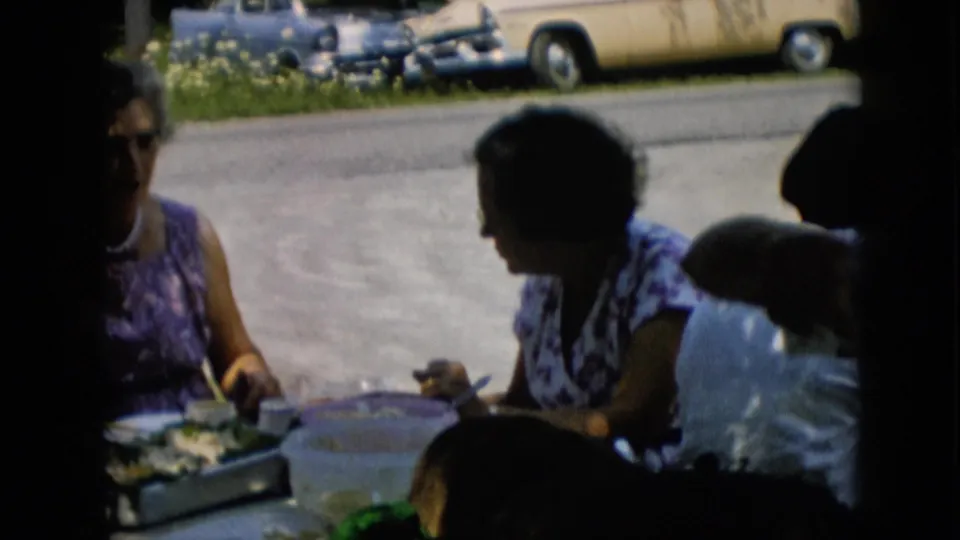 Two adult women remain seated at the outdoor meal table, one in sunglasses and a purple dress and the other turned in profile, with parked 1950s-era cars in the background.