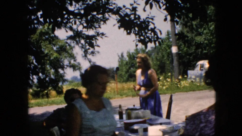Under tree shade, a seated woman in a light dress and a standing woman in a blue dress appear beside a picnic table with roadside flowers in the background.