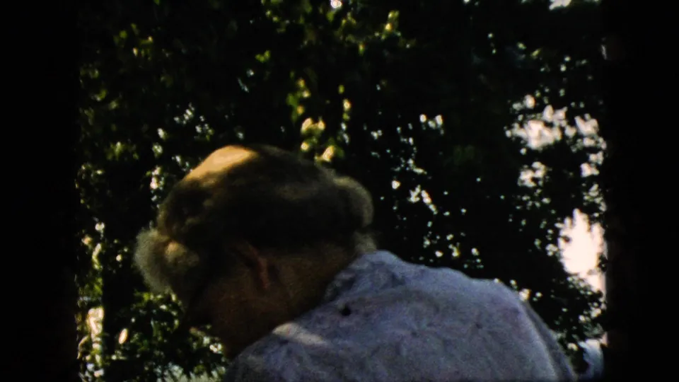 A woman in a patterned dress leans forward in deep shade, with bright foliage and sky behind her in a brief 8mm home-movie frame.